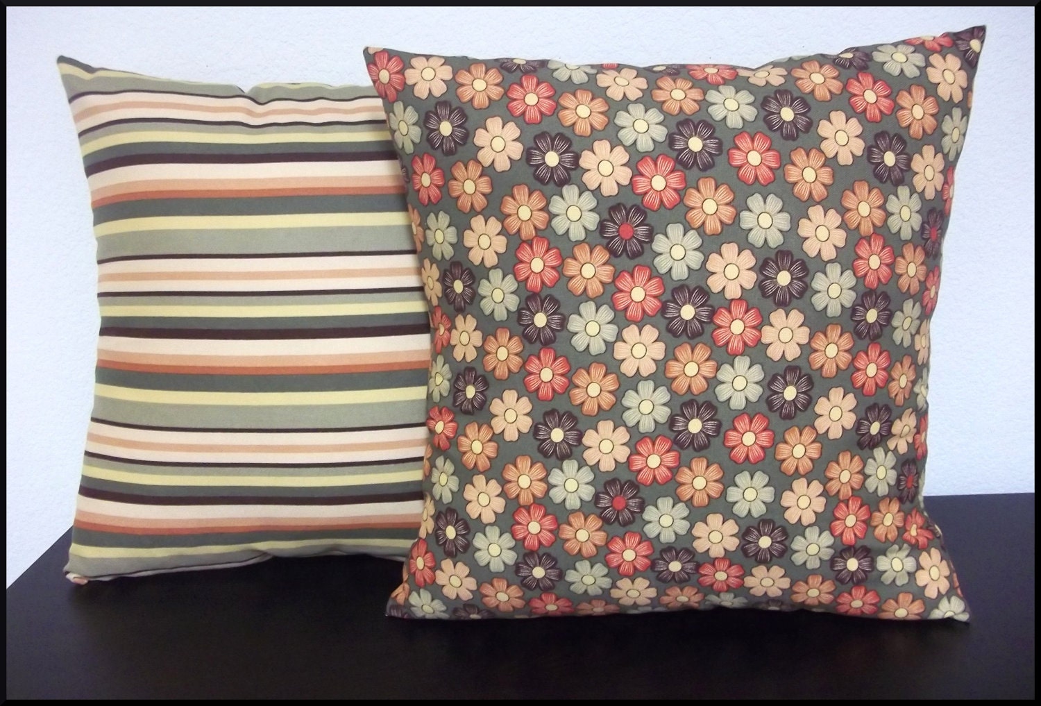 Mixed Set of 2 Pillow Covers 18 x 18 -Free Shipping - Natural Colored Flowers and Coordinating Stripes