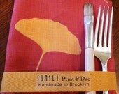 Linen Napkins Set of Four Pumpkin Rust Red with Gold Ginkgo Leaves Handmade original design