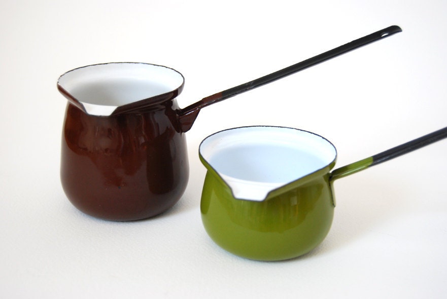 Set of 2 Enamel Turkish Coffee Pots or Butter Warmers