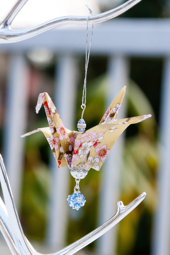 Yellow w/ Cherry Blossoms Origami Crane Ornament