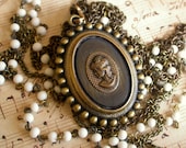 Two Sided Oval Pocket Watch and Cameo Pendant Necklace - White Rosary Chain - Vintage Style Victorian Necklace Watch