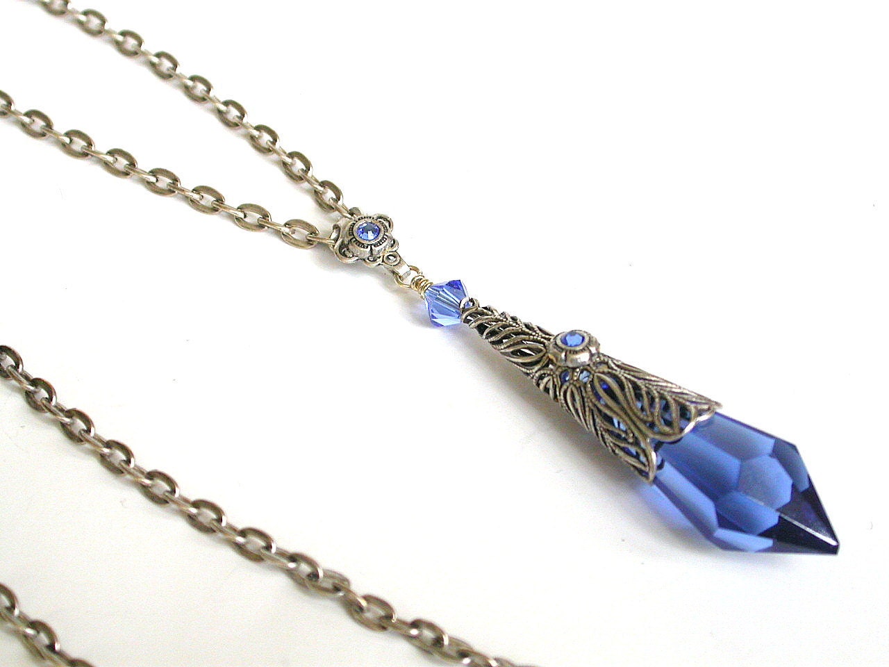 Sapphire Teardrop Pendant Necklace - Victorian  Gothic Jewelry  - Sterling Silver Plated Brass and Swarovski Crystals