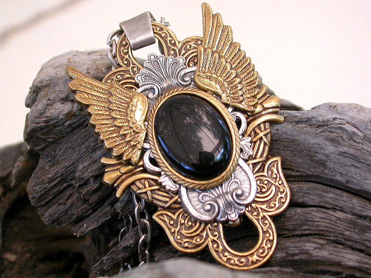 Gothic Black Onyx Mixed Metal Pendant - Men Women Wings Jewelry - Gothic Wings Necklace