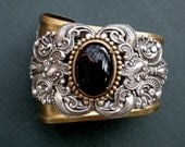 Gothic Silver on Brass Oversized Cuff - Black Onyx Cuff Bracelet - Women Victorian Gothic Jewelry