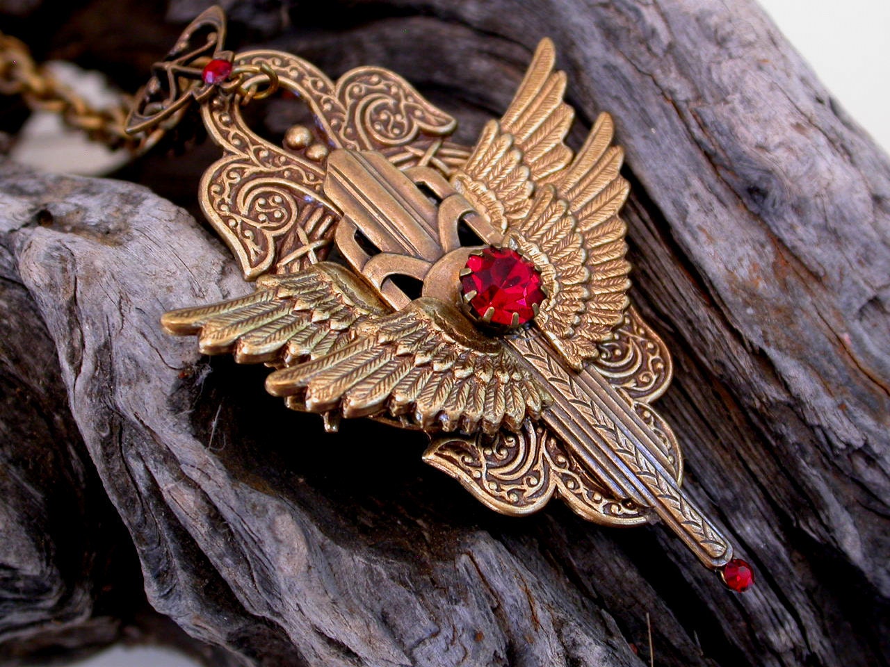 Gothic  Brass Necklace Pendant - Men Women Gothic Jewelry - Wings Necklace