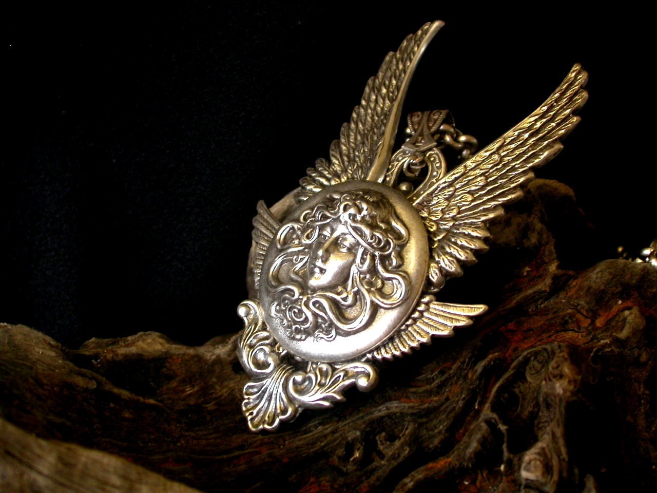 Silver Medusa and  Angel Wings Gothic Pendant - Gothic Jewelry