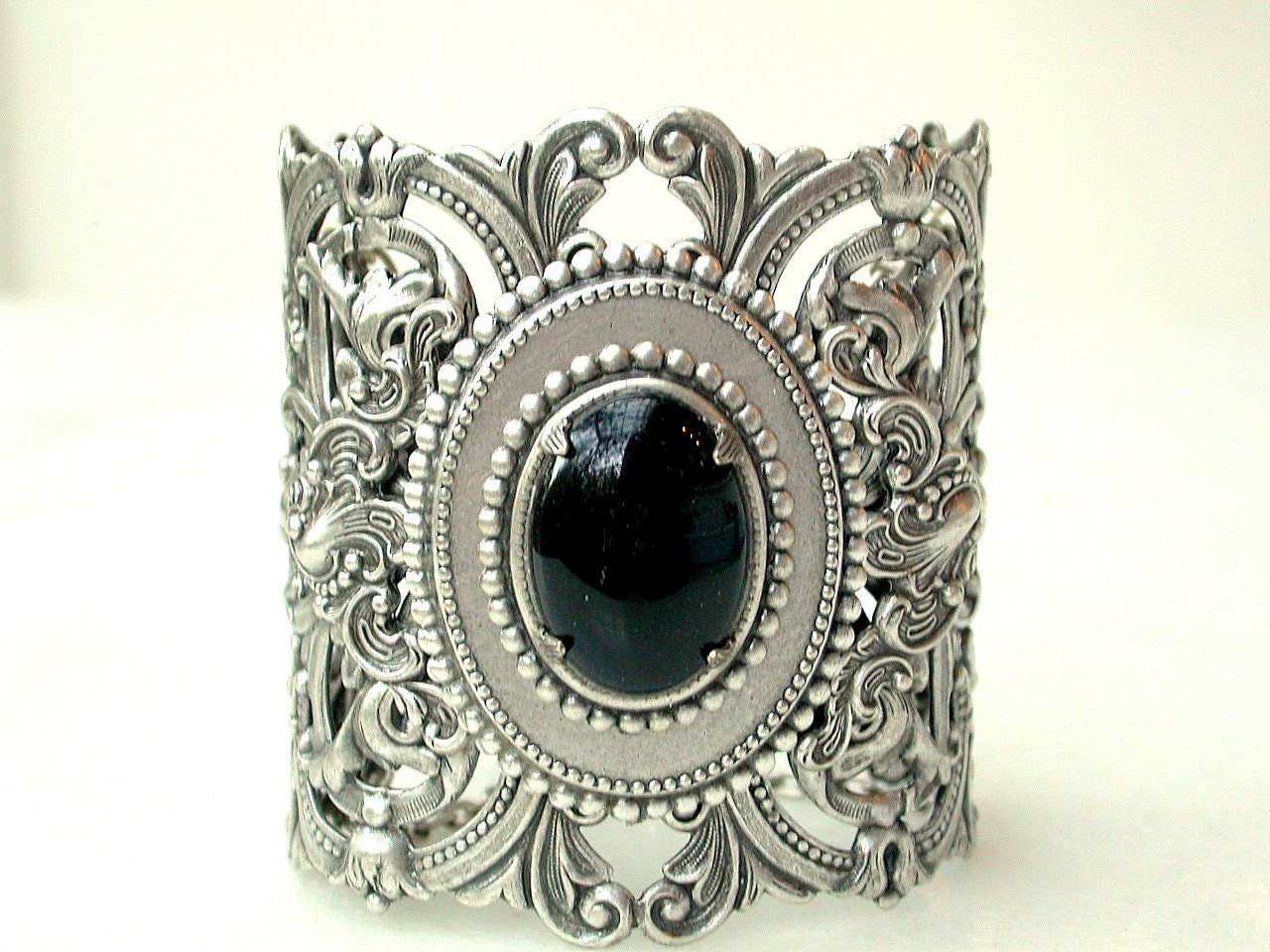 Victorian Silver Lace Oversized Cuff - Black Onyx Gemstone - Victorian Gothic Jewelry