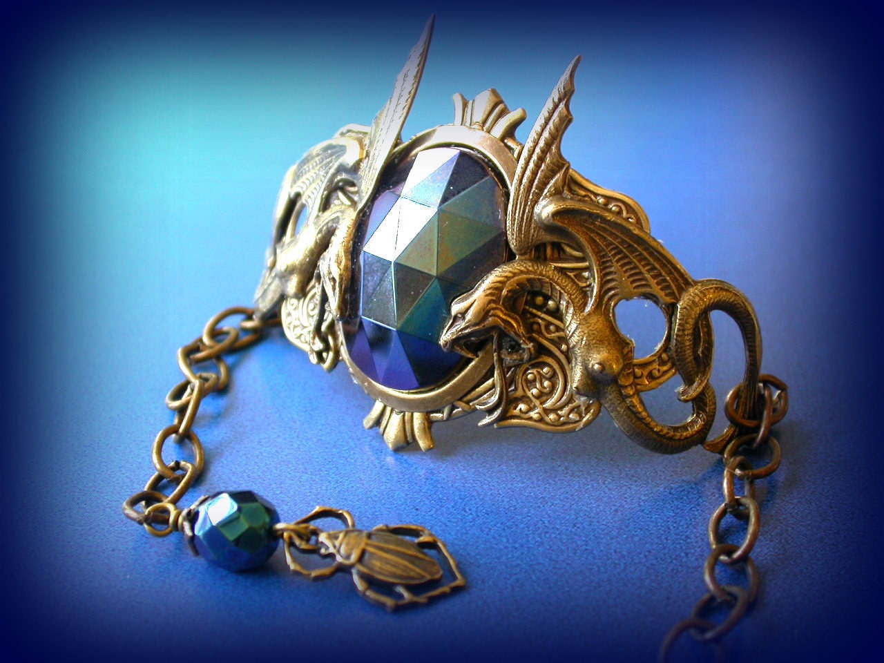 Deep Blue Sea Bracelet with Mythical Echidnas and Iris Blue Jewelry Stone - Gothic Fantasy Bracelet