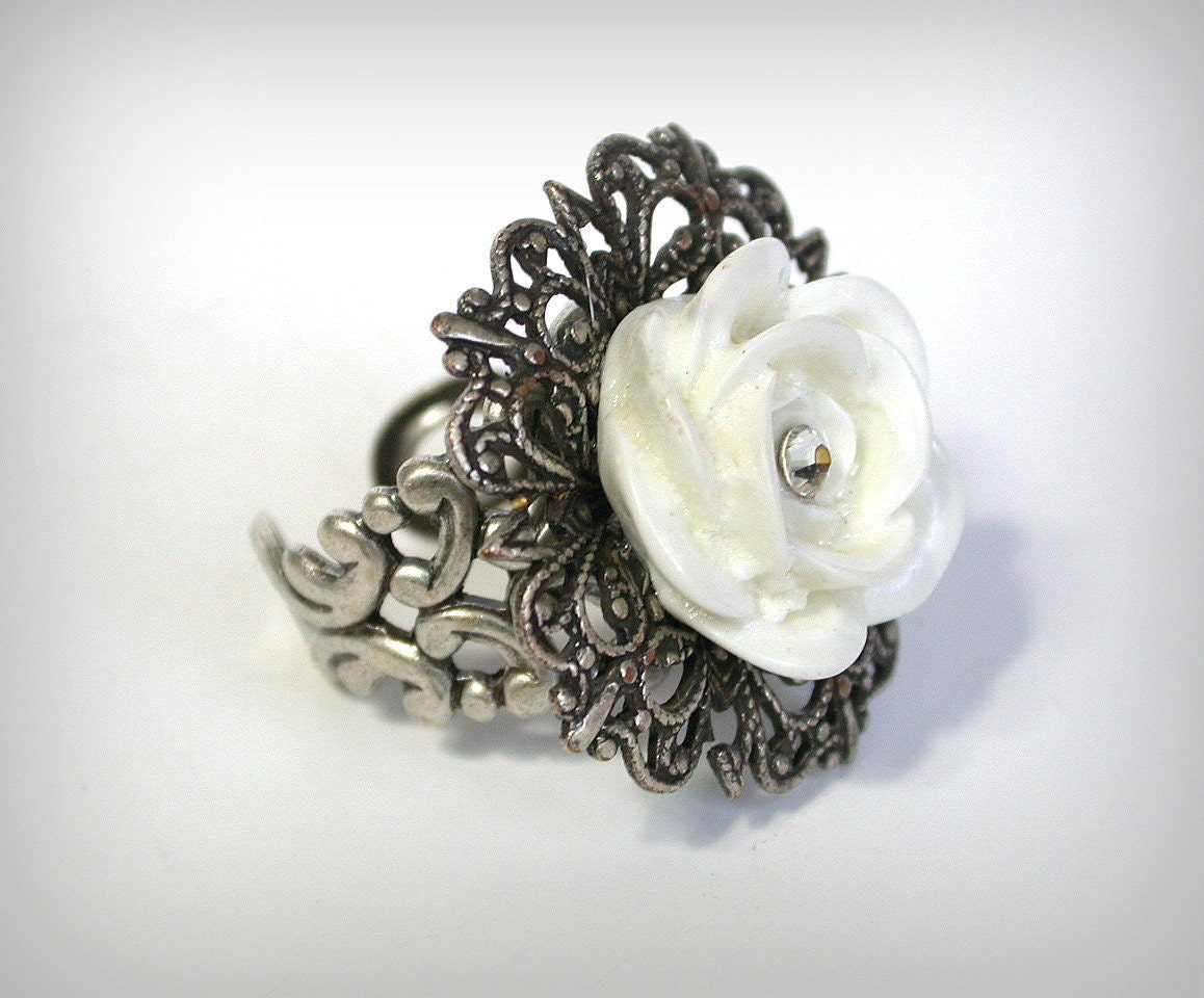 White Rose Silver Ring - Victorian Jewelry
