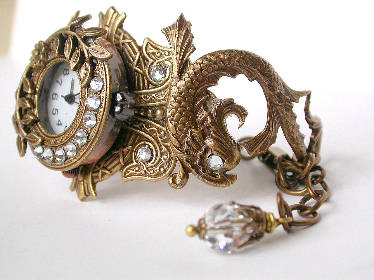 Brass Women's Wrist Watch - Mythical Koi Fish Bracelet Watch with Swarovski Crystals