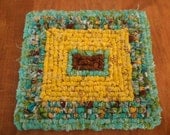 Pot Holder 6.5" x 7 "  Square Aqua Yellow Brown Country Cottage Decor Table Protector