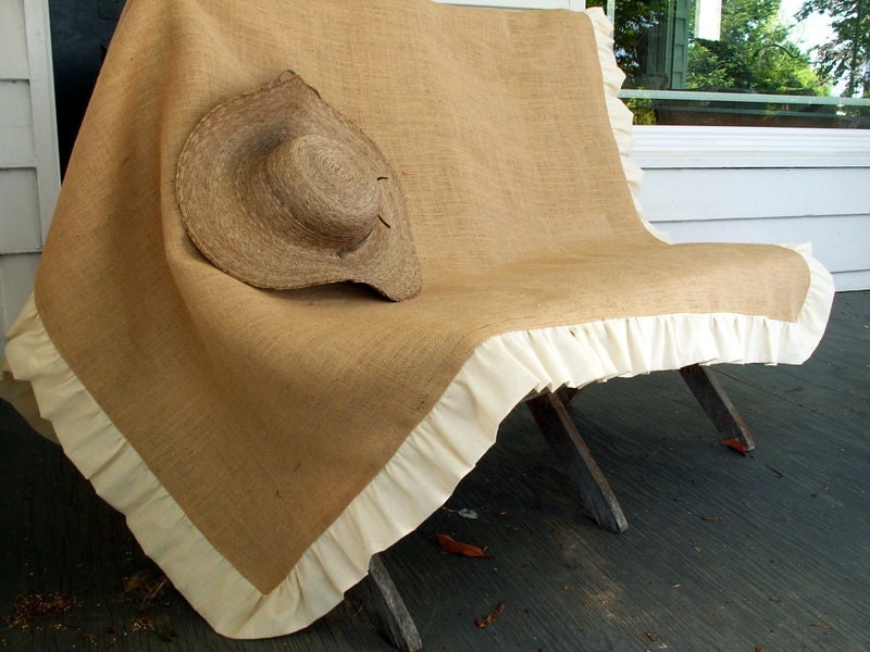 66" Square Burlap Square Tablecloth with 3" Muslin Ruffle