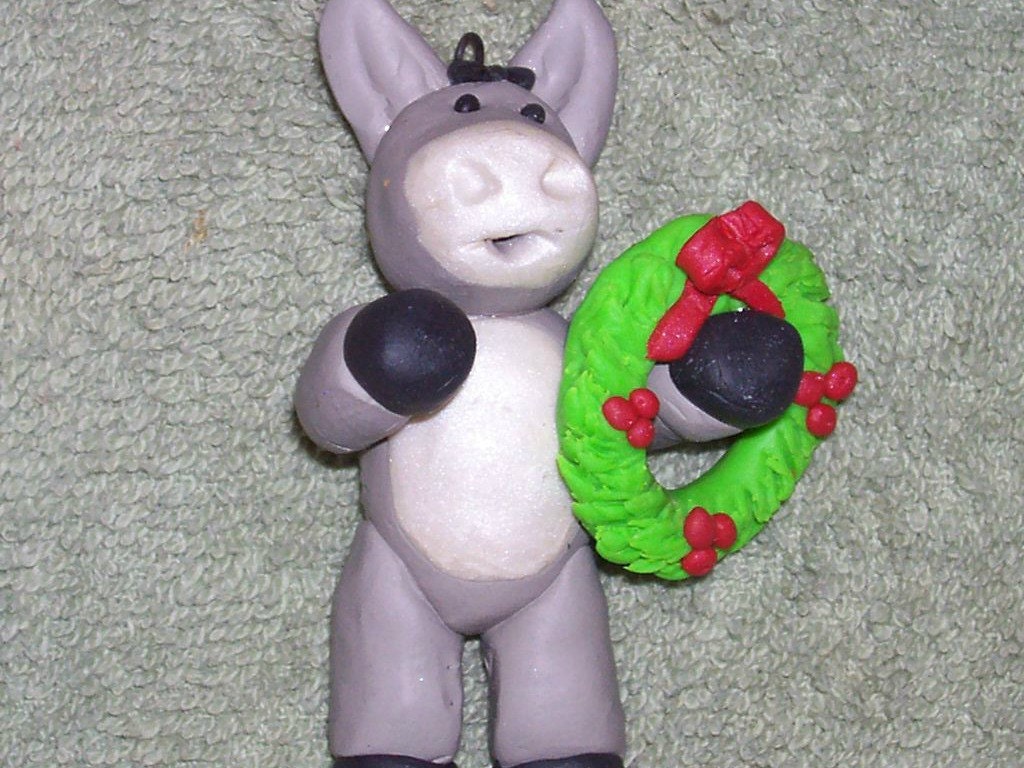 Donkey Christmas ornament with wreath, Polymer clay
