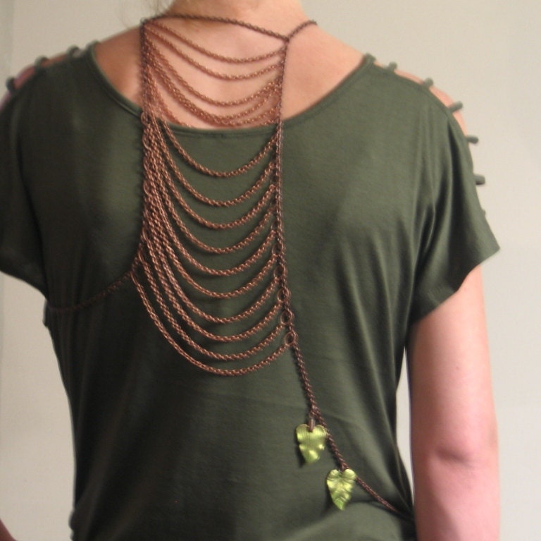 Necklace Body Chain.One with earth. Engulfed in vines.Copper chain w metal sunshine filtered leaf green leaves. Adjustable.