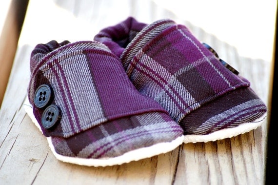 Baby shoes for girls - newborn, infant booties - purple and black plaid booties - unique baby gift