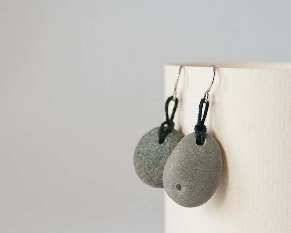 Beach Pebble Earrings, Zen, Yoga Style, Boho, Unisex Hipster Urban Jewelry by HappyEmotions, Sea Stone, Linen Twine, OOAK, Rocks