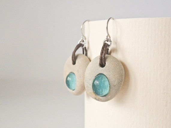 Beach Pebble Earrings, Zen, Yoga Style, Boho, Unisex Hipster Urban Jewelry by HappyEmotions, Sea Stone inlaid with Glass, Linen Twine, OOAK