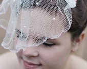Vintage White Linen Satin and Red Velvet Embossed Head Band-Hand Beaded Vintage Tulle Veiling-Fascinator Hat-Romantic Wedding Style