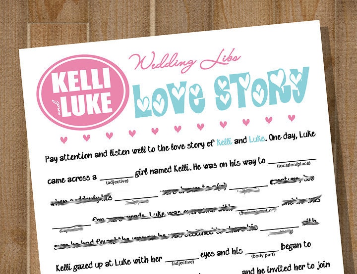 PRINTABLE Bridal Shower Game, Wedding Reception Game -- WEDDING LIBS: Love Story -- Custom