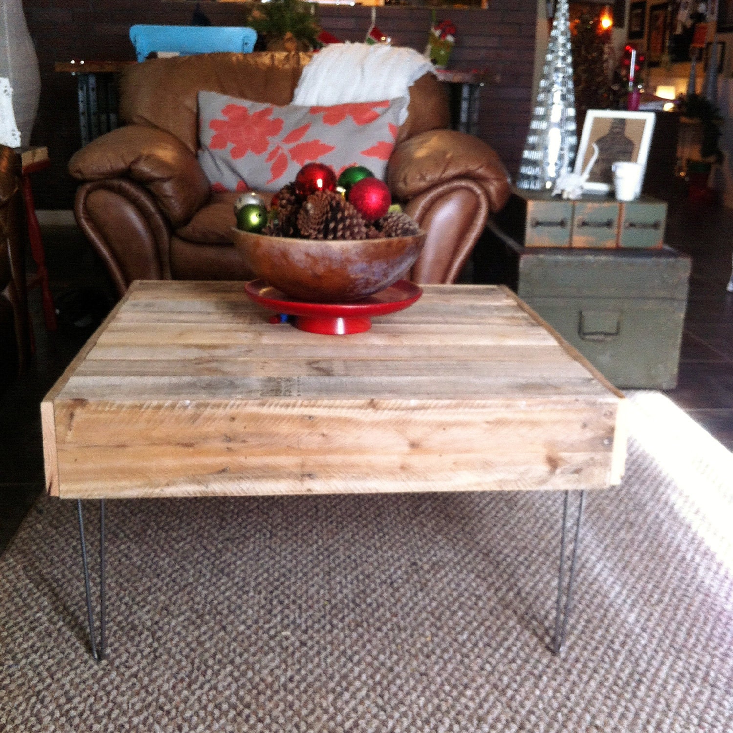 SMALL Reclaimed Barnwood Wood Coffee End Table with steel hairpin legs-Upcycled and modern-upcycled recycled