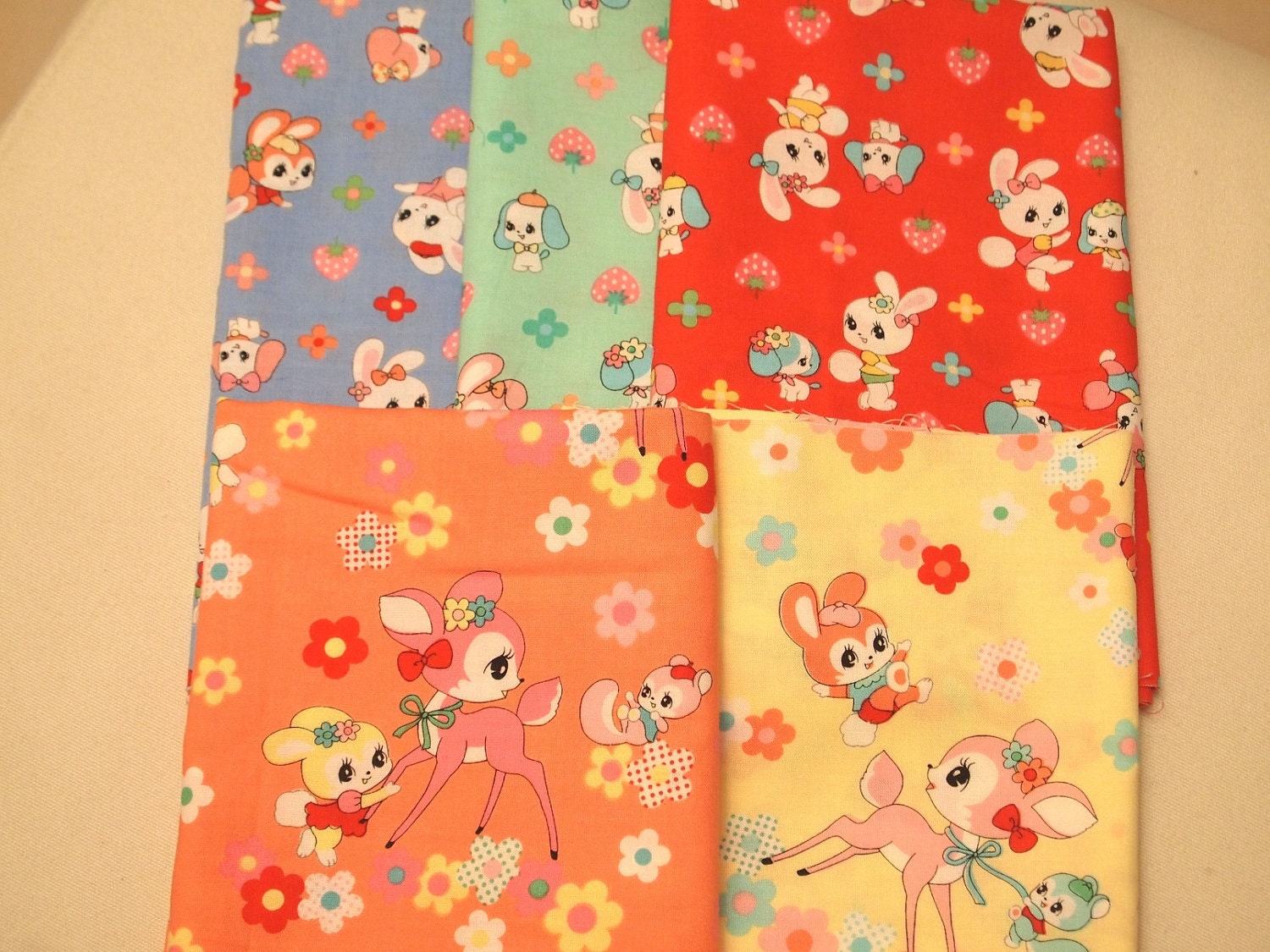 LAST SET - SALE Lecien Honey Tune - Bambi, Bunny, Strawberry and floral, Kawaii japanese fabric, fat quarter