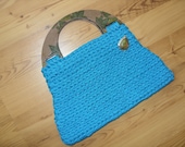 CACAU Blue Handbag. Wooden Handpainted Handle. Stone Brooch. Fully lined.