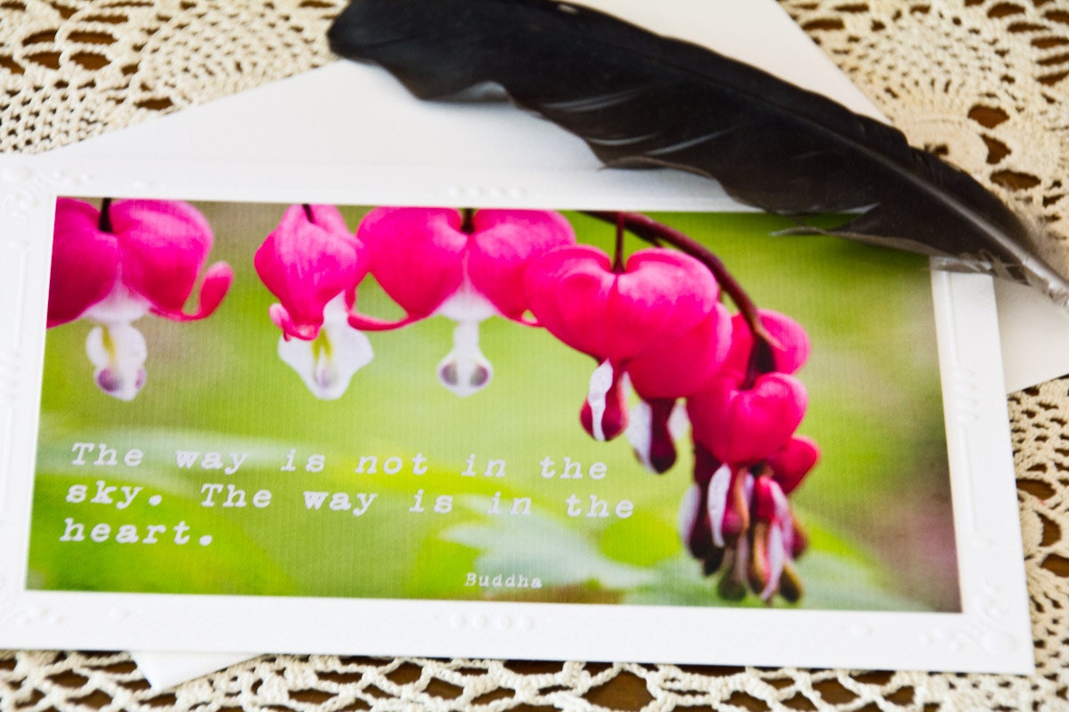 Inspirational Photo Greeting Card - Blank Note Card - 5x7 - Buddha Quote - Paper Goods - Bleeding Heart Flowers - Fushia Spring Green