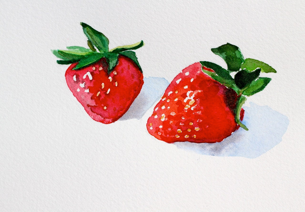 Strawberries Watercolor, Red Still Life Fruit, Kitchen Art, 4 x 6 in. by Heather McCaw