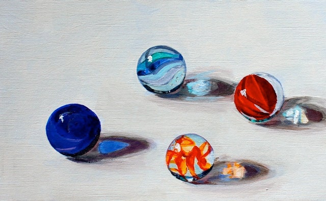 Blue Orange Marble Painting, Glass Still Life, Mid Century Americana, Acrylic on Paper, 6 x 12 in. by Heather McCaw