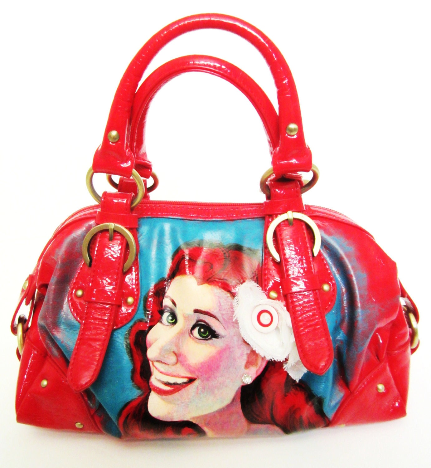Painted Evening Bag/ Travel Purse/ Bridal Bag- 1950s girl- Fine Design- Cherry Red - Free Shipping