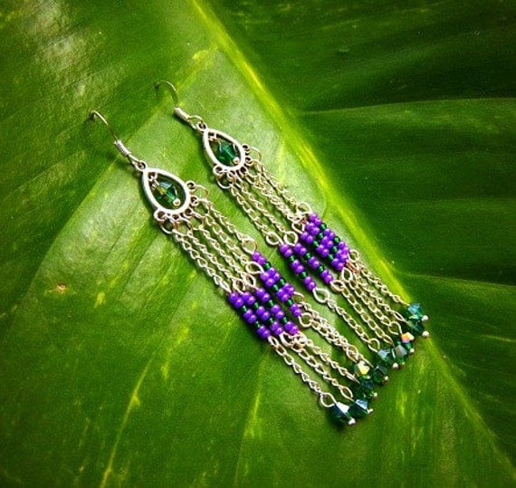 beaded tribal earrings, chain,  swarovski crystals, ooak