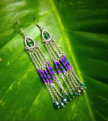beaded tribal earrings, chain,  swarovski crystals, ooak