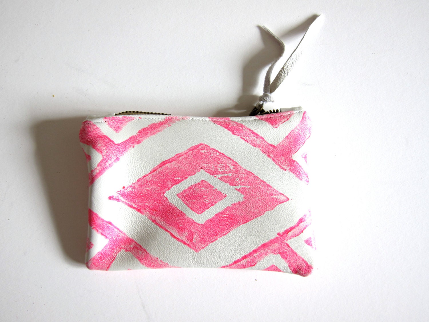 Extra-small hot pink and white hand-printed leather diamonds clutch / wallet