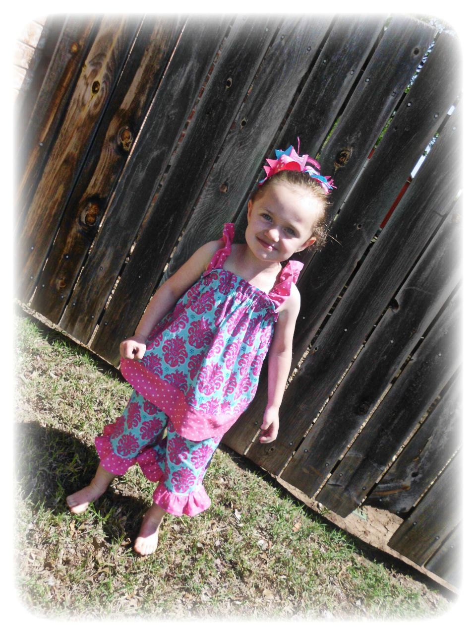 Boutique Cothing Custom Summer Girls Outfit Ruffle Top and Ruffle Capris Pink Blue 12M 2T 3T 4T 5 6 7 8 M2M Hairbow