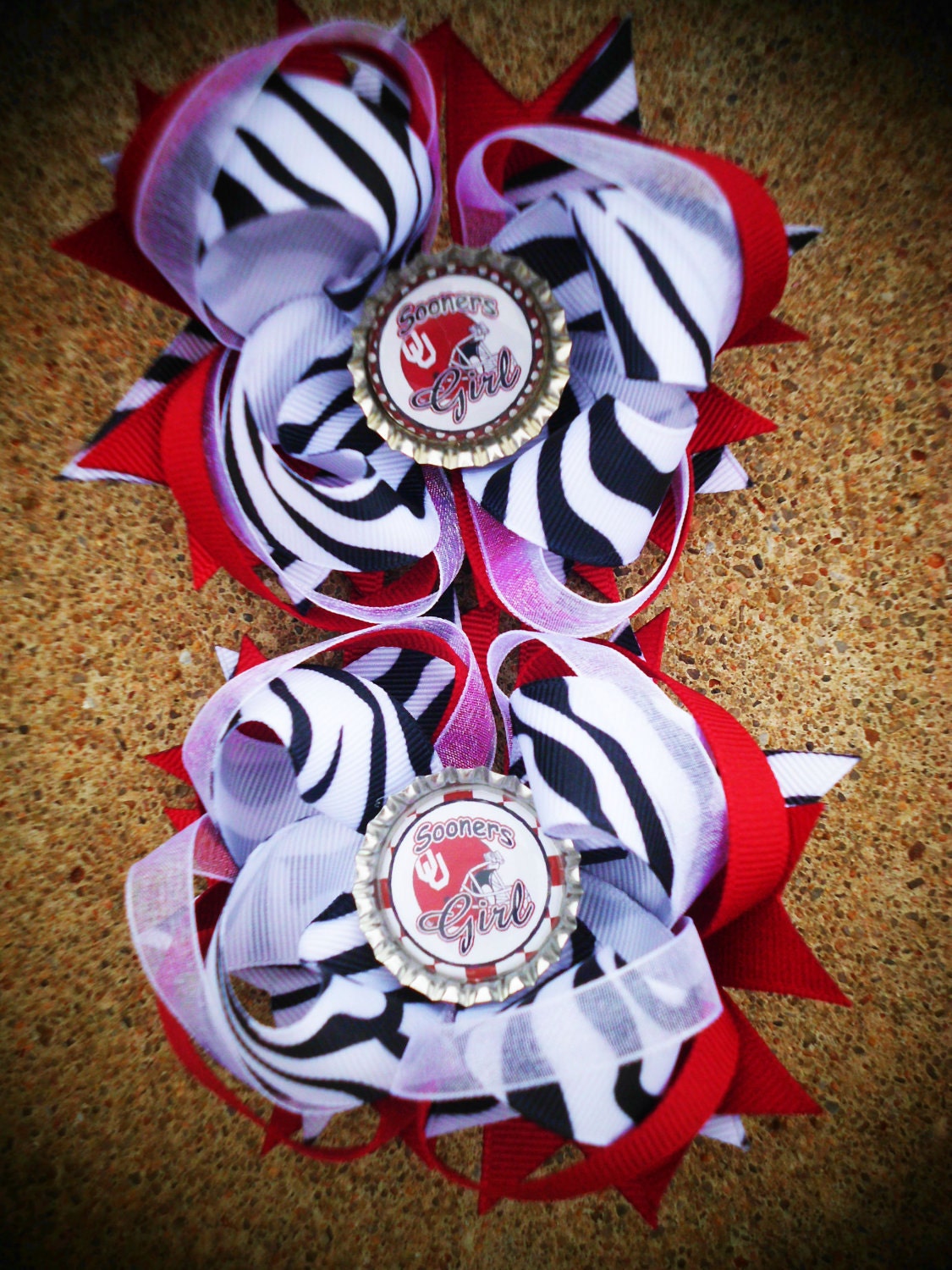 OU Oklahoma Sooners Boutique Hairbows Set of 2 Pigtail Bows Girls Hairbows Childrens Stacked Spikey Loopy Hairbows Crimson and Zebra