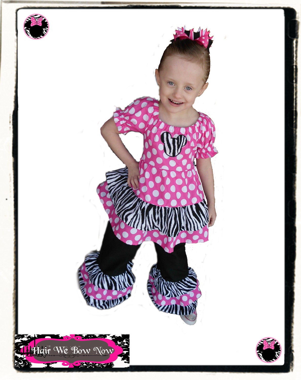 Minnie Mouse Birthday Custom Boutique Girls Clothing Peasant Top Ruffle Pant Pink OTT Hairbow White dot Zebra24m 2T 3T 4T 5 6 7 8