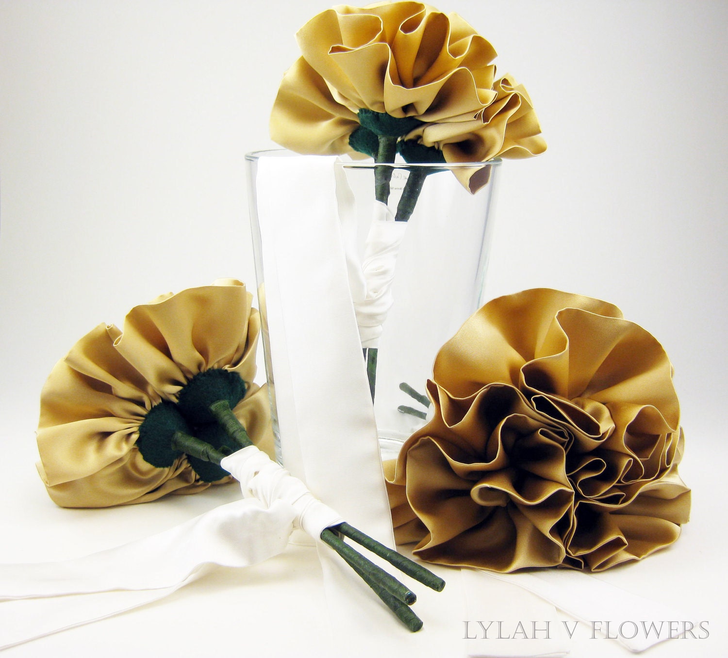 Bridesmaid Fabric Bouquets - Custom Set of Three Bridesmaids Bouquets - Large Rolex Gold Flowers
