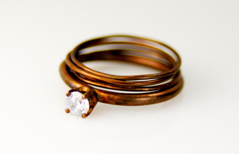 Rustic Peach Gold and Crystal Matte Bronze Stack Ring Set of 5, High Sparkle and Dynamic Contrast, Vintage Bronze Finish. Mother's Day gift