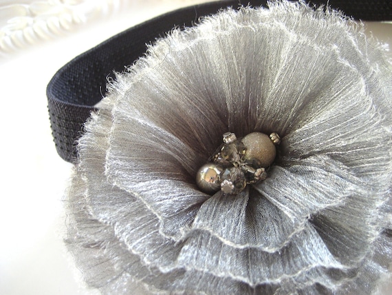 Floral Headband Elastic Headband Gray Flower Beads