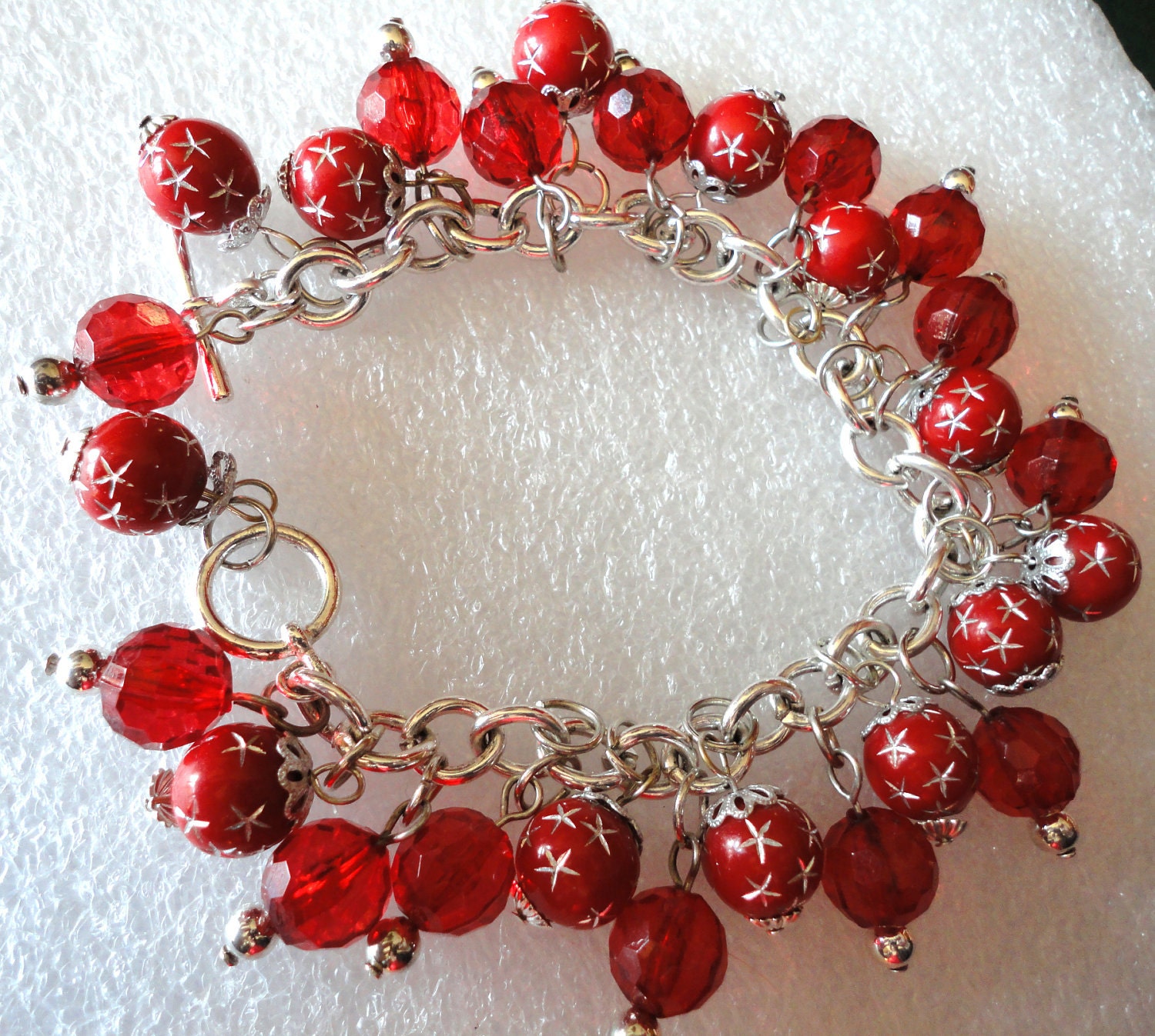 Red Bead Bracelet with Silver Chain