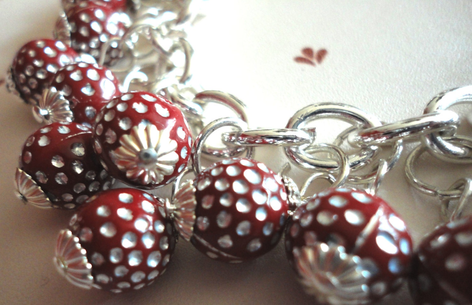 Burgundy Silver Dot Bead Bracelet