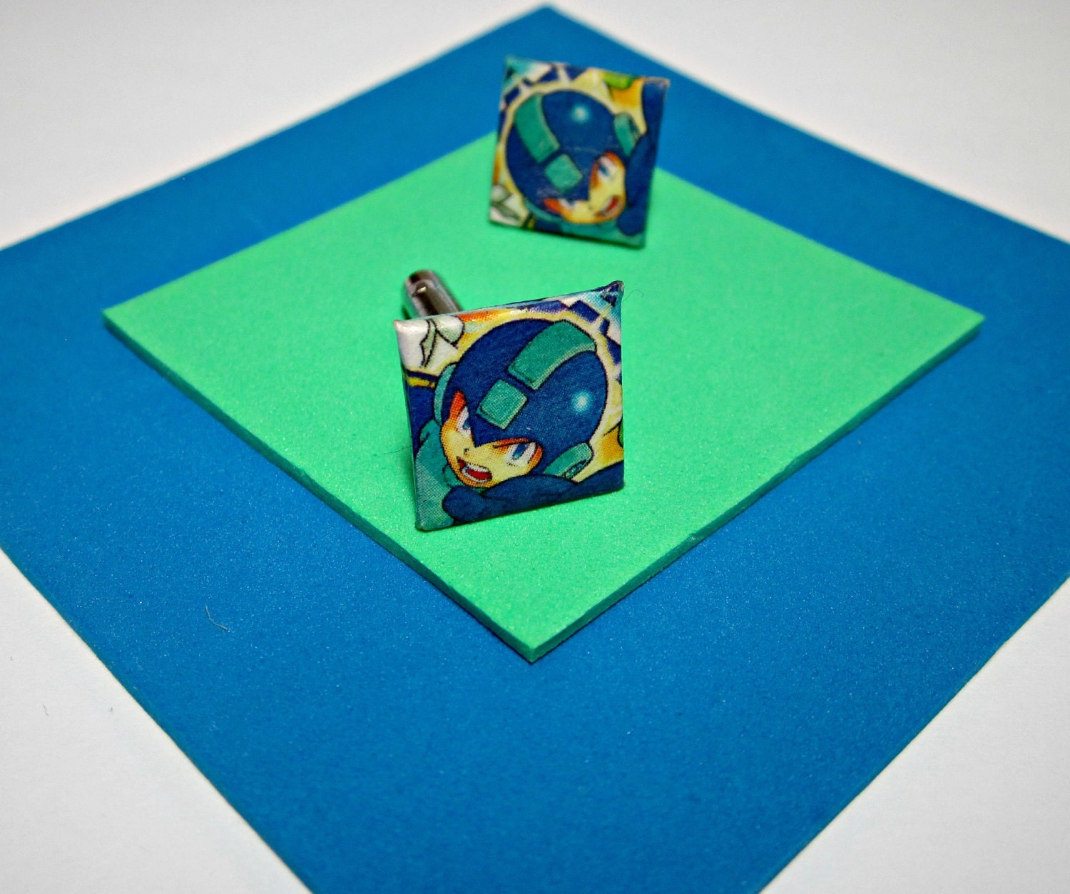 Mega Man Cufflinks. Video Game Comic Capture. Upcycled Recycled Capcom Comic Collage. Android. Wood Base.