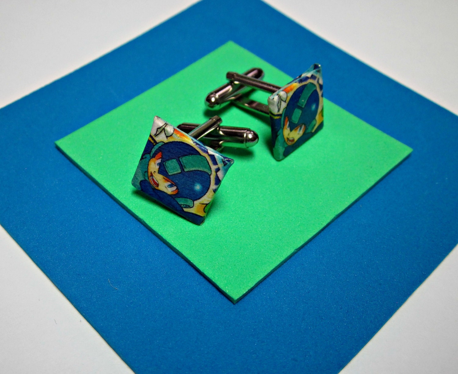Mega Man Cufflinks. Video Game Comic Capture. Upcycled Recycled Capcom Comic Collage. Android. Wood Base.