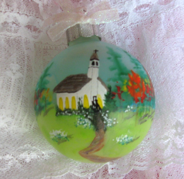 Hand painted church in a fall scene Christmas ornament, perfect for weddings, baptism and more.