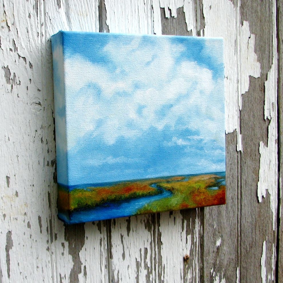 Oil painting original art marshland landscape clouds home decor painting 8x8 - Marshland Journey