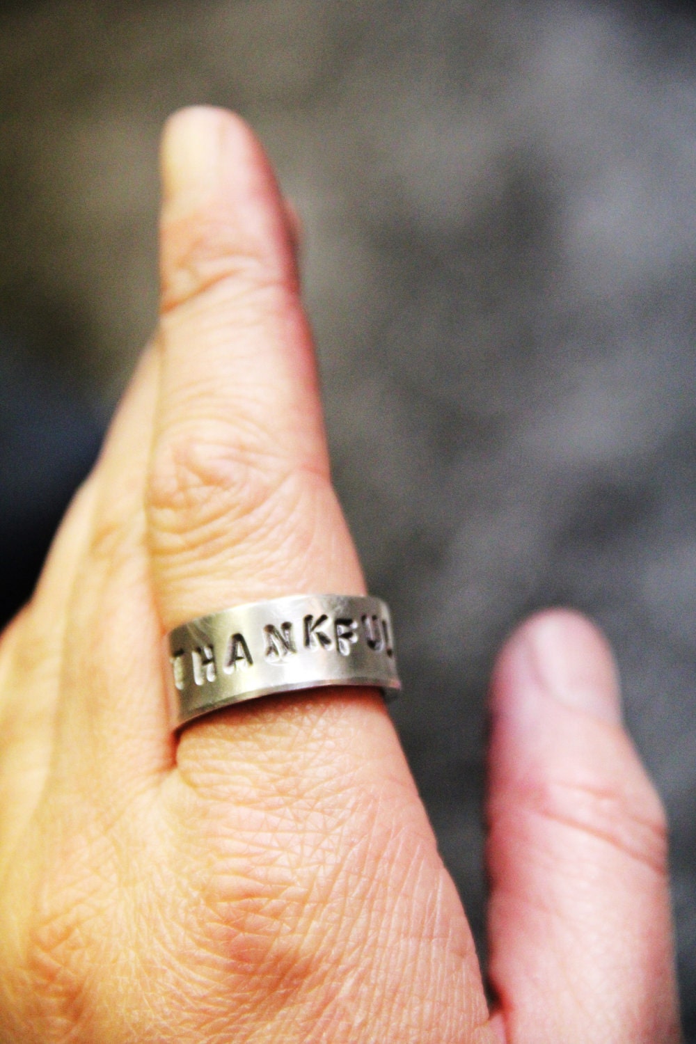 Upcycled Hand Stamped Aluminum Ring "THANKFUL"