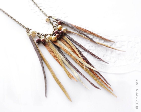 Autumn kiss - Leather necklace with pearl beads in brown palette. Bohemian style