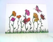 ACEO, Original pen and ink drawing, Art trading card,  Flowers and butterfly, ATC