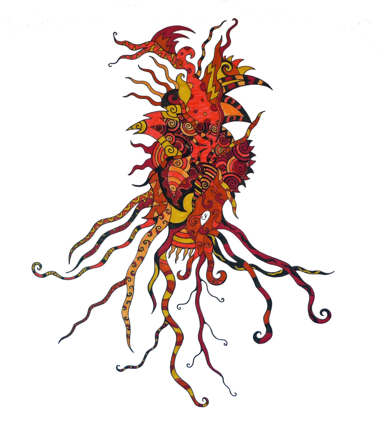 Abstract Art print, red orange yellow and black swirls "Fusion"