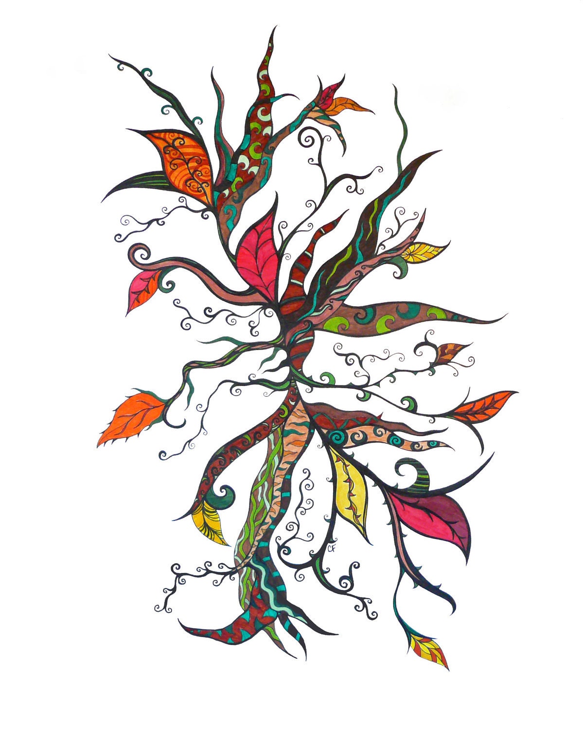 Colorful abstract art print leaves and swirling tendrils and branches  "Autumn Leaves"